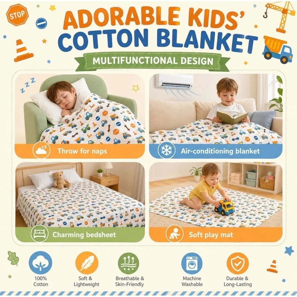 Omilion Kids Cotton Blanket‎ Construction Print 40x60 Lightweight Throw Blanket